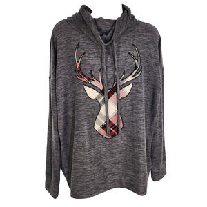 Maurices Womens Sweatshirt Gray Plaid Reindeer Cowl Neck Pullover Cozy Medium